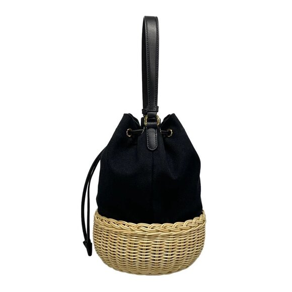 Auth PRADA - 1BH115 Black Beige Canvas Rattan Handbag - Picture 5 of 16